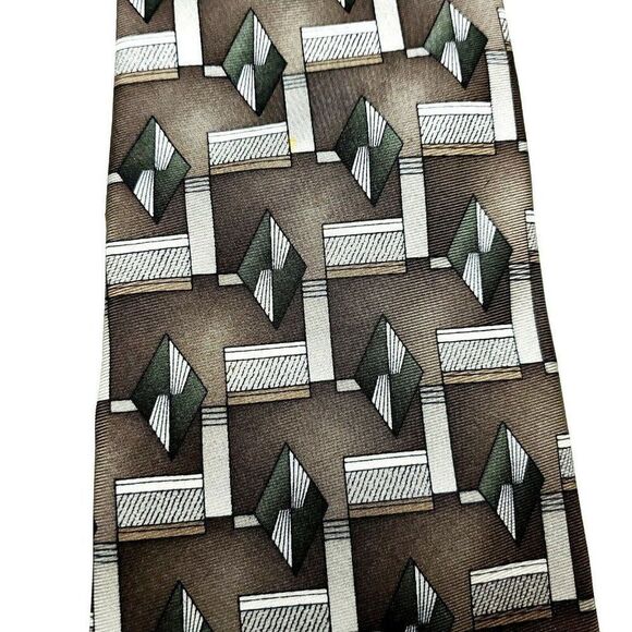 Pierre Cardin Silk‎ Tie Brown Green Print Geometric Wide - Picture 2 of 6